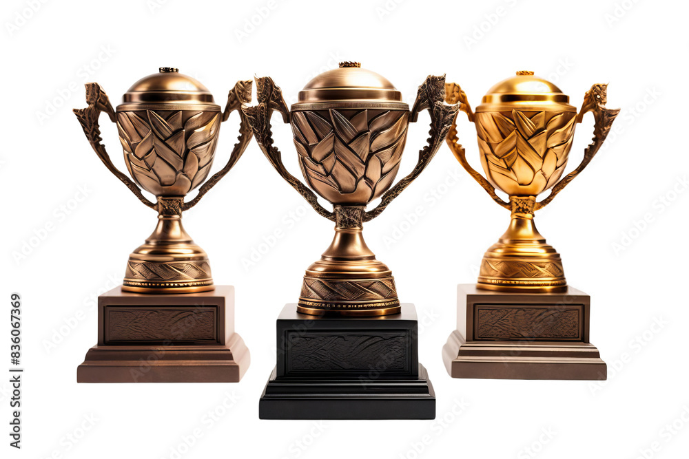 Three trophies in gold, silver, and bronze colors, symbolizing first ...