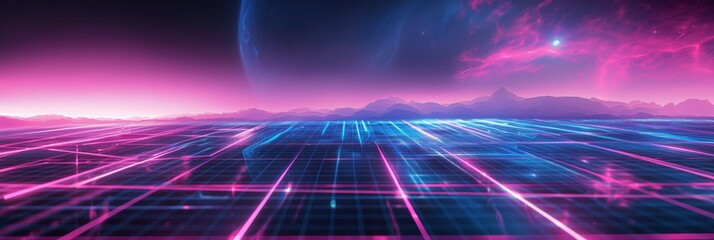 A vibrant pink and purple landscape featuring a glowing grid pattern and a luminous celestial sky above