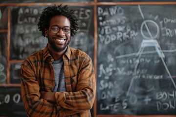 Wall Mural - A man with glasses is smiling in front of a chalkboard with a lot of writing on it