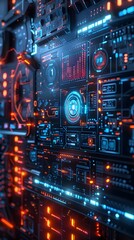 Poster - Futuristic Digital Interface with Holographic Controls and Dynamic Data Visualization in Sci Fi Tech Environment