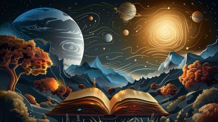 Wall Mural - A book is open to a page with a scene of a planet and a sun