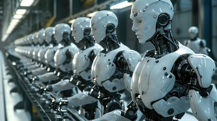 Poster - Industrial robots working on an assembly line, showcasing automation and efficiency in a modern factory setting