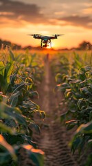 Poster - Smart Drone Monitoring Crops and Automated Irrigation in Rural Countryside Landscape at Sunset