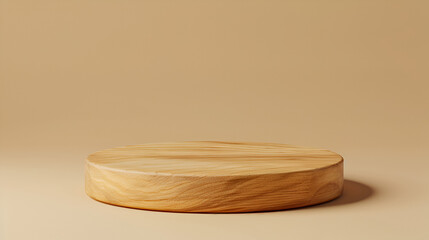 Poster - Wooden round podium on a beige background. 3d rendering,wood podium on table top tree branch green leaf white space background.promotion beauty cosmetic and healthy natural product placement pedestal
