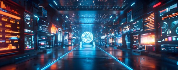 Poster - Futuristic Digital Marketplace with Holographic Product Displays in Vibrant and Dynamic Technological Concept