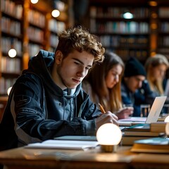 Poster - College Students Studying Diligently in a Cozy Library with Laptops and Books