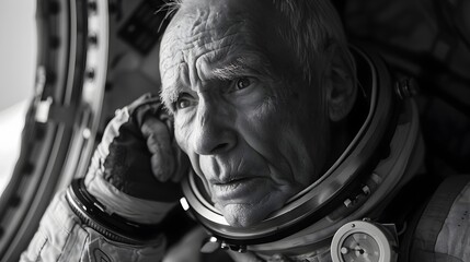 Elderly Astronaut Communicating with Earth Using Advanced Wrist Communicator During Space Mission