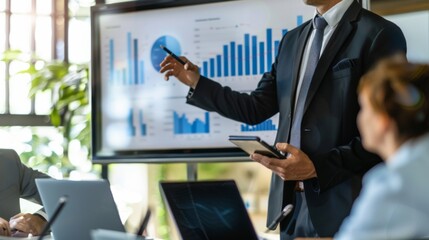 Poster - A financial consultant presenting a business graph to a group of investors, demonstrating growth potential and investment opportunities.