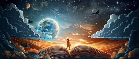 Wall Mural - a book is open to a page with a person standing in front of a planet