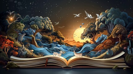 Wall Mural - A book is open to a page with a forest scene
