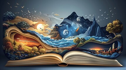 Wall Mural - A book is opened to a page with a beautiful landscape of mountains, water