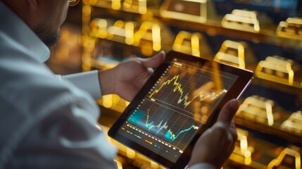 Aufkleber - A gold investor analyzing gold price graphs and performance metrics on a tablet, evaluating market trends and investment opportunities.