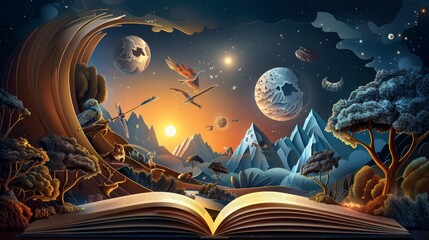 Wall Mural - A book is open to a page with a picture of a mountain range and a sun