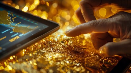 Aufkleber - A gold investor analyzing gold price graphs and performance metrics on a tablet, evaluating market trends and investment opportunities.