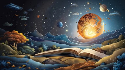 Wall Mural - A book is open in a landscape with a large planet in the background