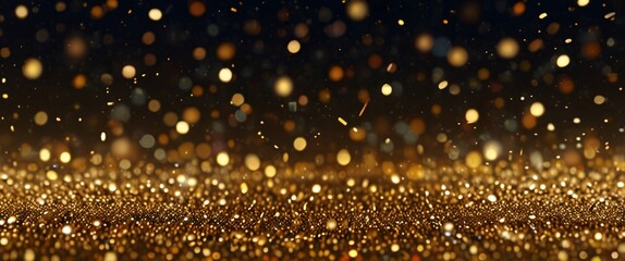 Golden Christmas lights cast a warm glow with blurred bokeh effects, perfect for holiday decorating, wallpaper background for ads or gifts wrap and web design