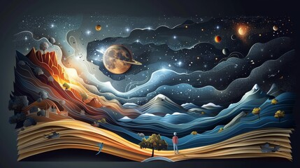 Wall Mural - A book is opened to a page with a man and a woman walking on a path