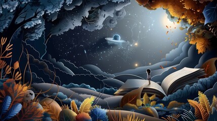 Wall Mural - A girl is sitting on a book in a forest