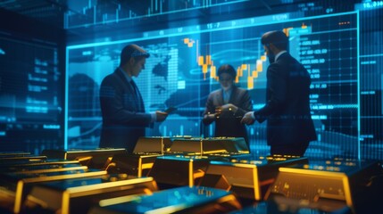 Fototapete - A group of economists discussing the role of gold bars in global financial markets, analyzing trends and forecasting future demand.