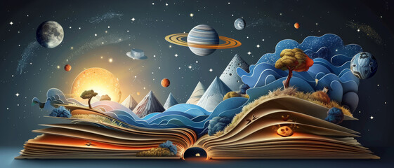 Wall Mural - A book is opened to a page with a beautiful landscape of mountains, trees