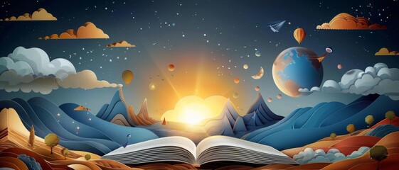 Wall Mural - A book is open to a page with a sun shining on it