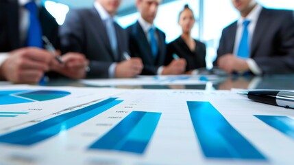 A group of executives discussing a business graph during a board meeting, brainstorming strategies for improving company performance.