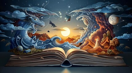 Wall Mural - A book is open to a page with a dragon and a wave