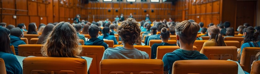 Poster - Focused Students Attending College Lecture Hall Filled with Audience Engaged in Academic Pursuit and Learning