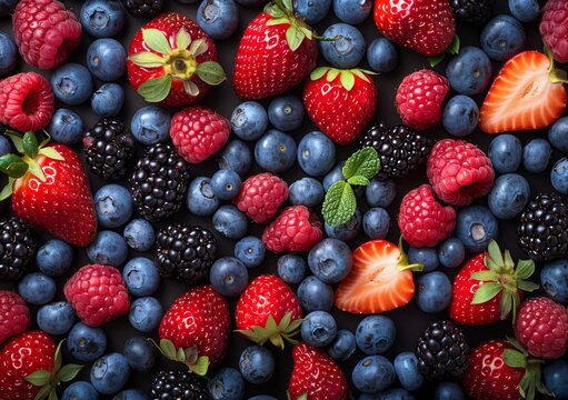 Fresh mixed berries including strawberries, blueberries, raspberries, and blackberries, close-up view.