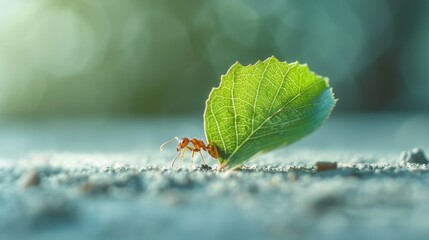 Poster - A macro image of an ant carrying a leaf many times its size, demonstrating the incredible strength and resilience of these tiny insects.
