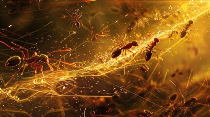Poster - A macro image of ants communicating through chemical trails, demonstrating their sophisticated communication system for coordinating tasks.