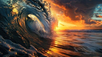 Wall Mural - Waves being covered by the sunset