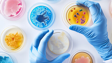 A close-up image of a scientists gloved hands examining petri dishes containing colorful bacterial cultures. The image highlights the diverse and vibrant growth patterns observed in the dishes