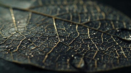 Wall Mural - detailed close-up of raindrop on intricate leaf skeleton, hd capture.