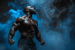 © Sergio - Muscular bodybuilder posing with blue smoke, screaming testosterone athlete