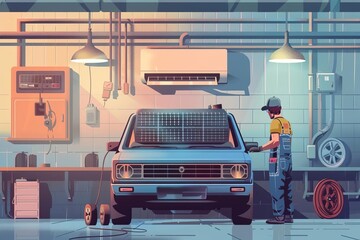 skilled mechanic servicing car air conditioner in modern auto repair shop concept illustration