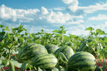 lush watermelon patch under a sunny sky with mature fruits ready for the harvest.