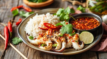 Canvas Print - A plate of grilled squid served with steamed rice and spicy dipping sauce, garnished with fresh herbs and sliced chili peppers, on a wooden table.
