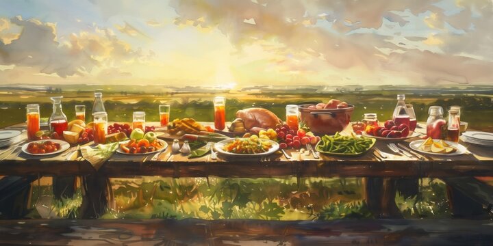 Generous evening banquet featuring wine, fresh fruits, and bread on a wooden table, highlighting the lush, abundant nature of the farm-to-table harvest at sunset. Watercolor illustration.