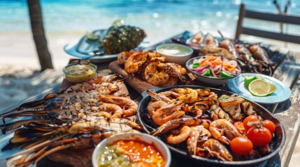 Poster - A seafood barbecue feast featuring grilled squid, shrimp, and fish, served with assorted dipping sauces and grilled vegetables on a beachside table.