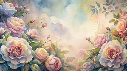 Luxurious floral watercolor background showcases a lush garden