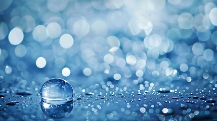 Wall Mural - detailed image of a crystal-clear raindrop on a shiny background.