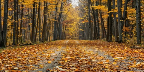 Two rows of maple forests along the road, with yellow maple leaves 