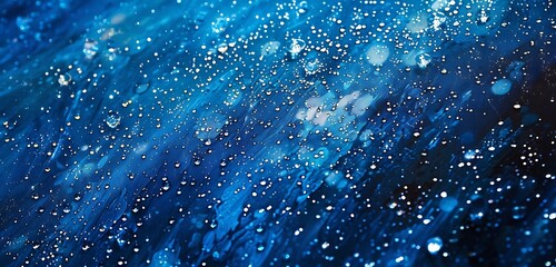Wall Mural - detailed image of shimmering water droplets on deep blue canvas.