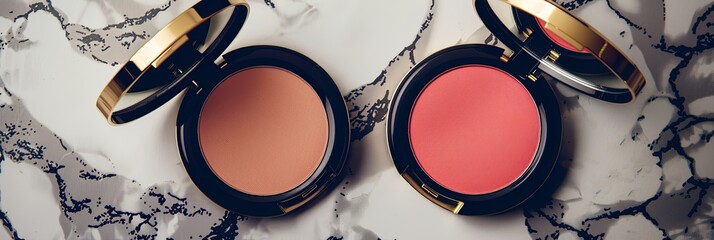 Poster - Two compact cases of powder and blush rest on a marble surface. The cases have gold and black accents and feature rich, vibrant colors. Generative AI