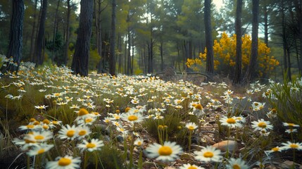 Poster - Enchanting Autumnal Meadow with Blooming Daisies in Lush Forest Landscape