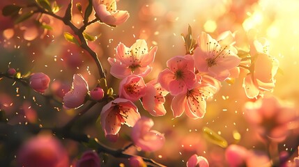 Poster - Ethereal Blossoms in a Glowing Orchard:A Captivating Floral Tapestry Illuminated by Golden Rays