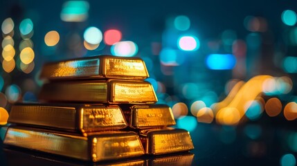 Poster - A stack of gold bars with a reflection of city lights in the background, representing the intersection of wealth and urban life.