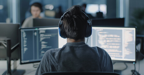 A man is working on a project late at night in a dimly lit office. He is wearing headphones and focused on his computer screen, which displays lines of code. He appears to be working diligently on a