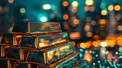 Poster - A stack of gold bars with a reflection of city lights in the background, representing the intersection of wealth and urban life.
